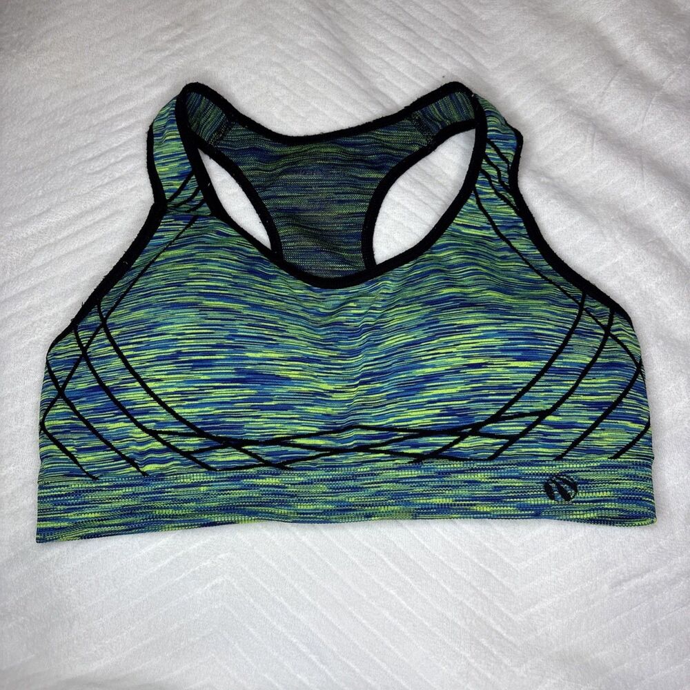 M Avia Green Blue Space-Dye Sports Bra Size M Racerback Compression Fit Black Tr